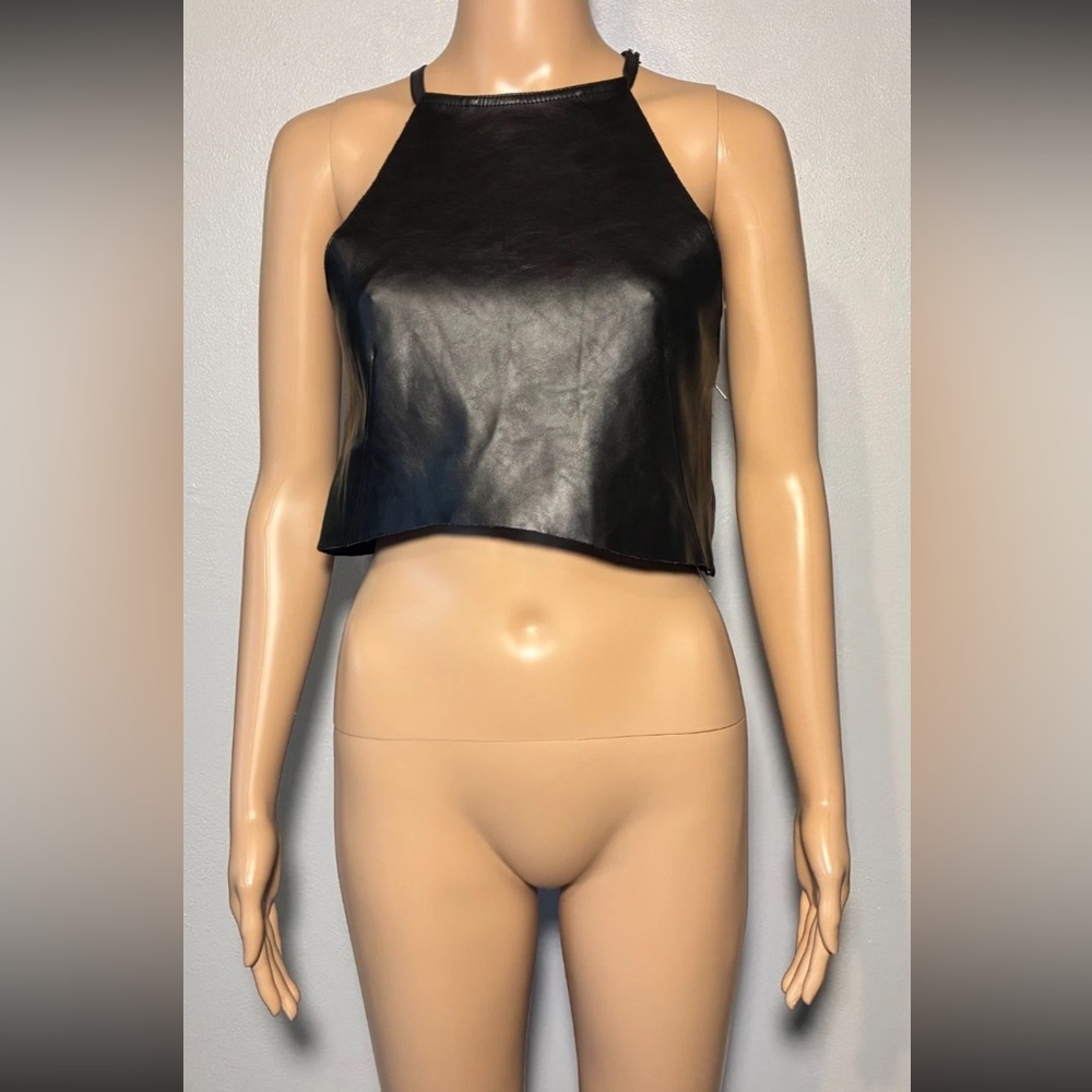 Olivaceous Women's Halter Top Size S Black Faux Leather Cropped Side Zipper